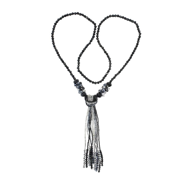 Black Beaded Tassel Necklace – 26" Strand with 7.5" Crystal Fringe Drop - Picture 1 of 2